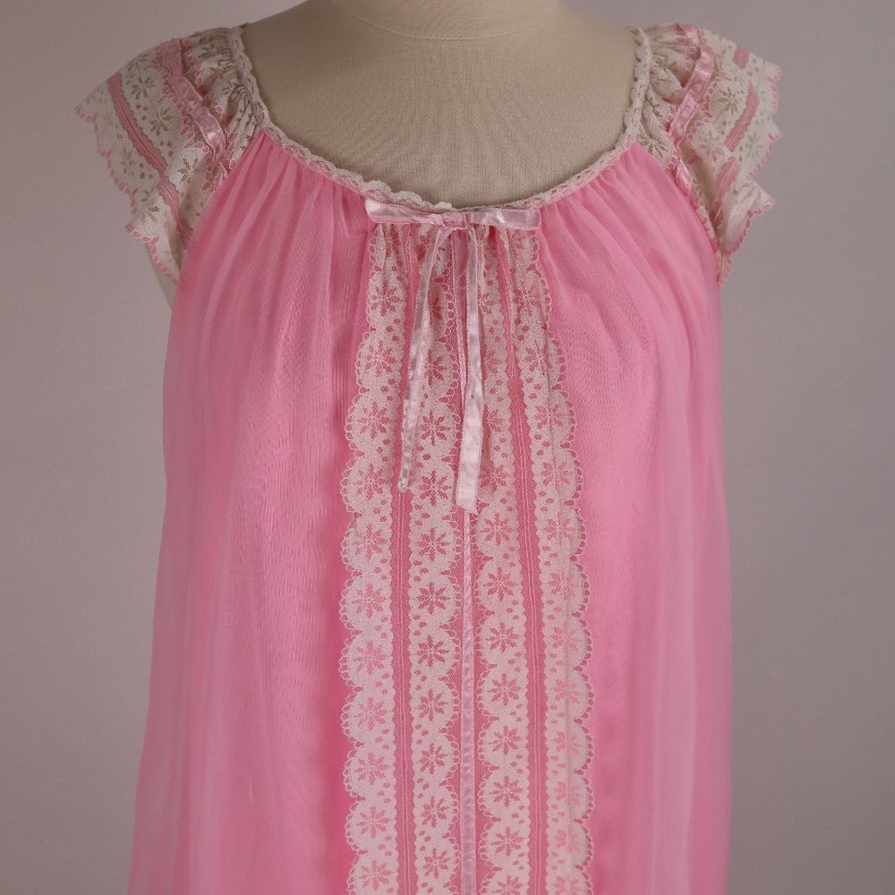 🌺 Vintage 60's Cotton Candy Pink Lace Nightgown Nightie Babydoll Teddy Chemise